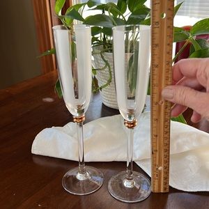 champagne flutes PAIR Etched glass with rose gold accents on stem